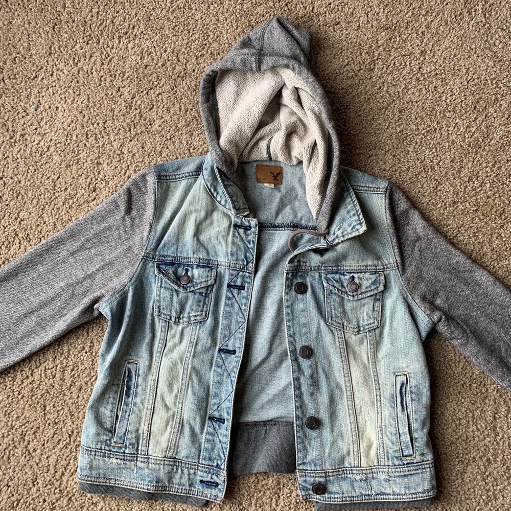 American eagle jean jacket with sweater hoodie and sleeves